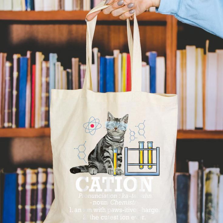 Cation Chemistry Humor Science Teacher Cat Pun Canvas Tote Bag, Science Teacher Tote Bags, funny gift