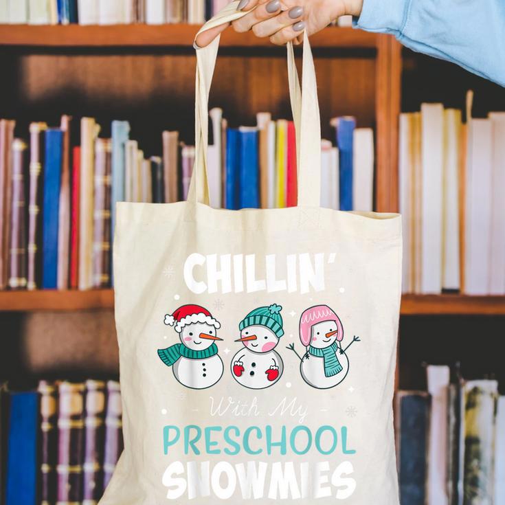 Chillin' With My Preschool Snowmies Teacher Christmas Men Women Kids Canvas Tote Bag, funny gift