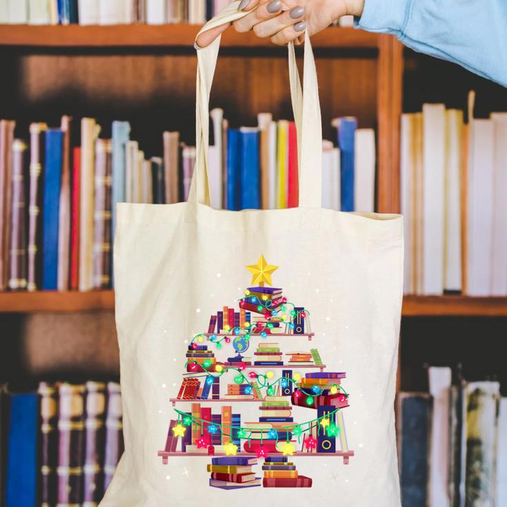Christmas Library Tree Love Reading Books Nerd Teacher Canvas Tote Bag, funny gift Christmas Library Tree Love Reading Books Nerd Teacher Canvas Tote Bag, funny gift