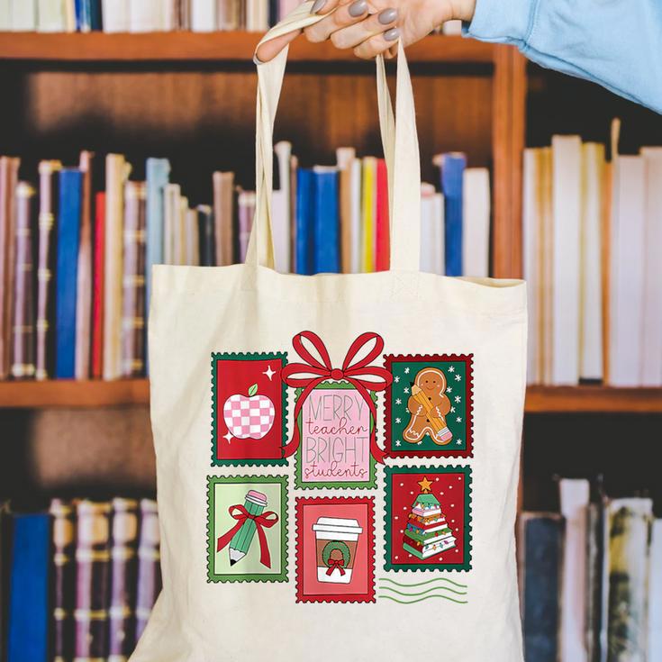Christmas Teacher Stamps Canvas Tote Bag, funny gift
