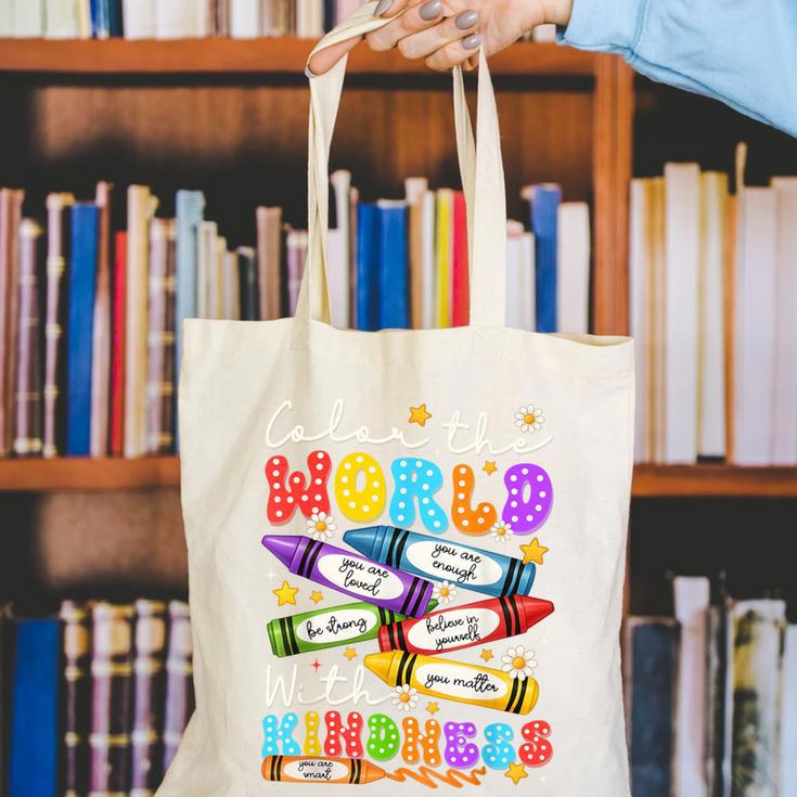 Color The World With Kindness Crayon Positivity Teacher Canvas Tote Bag, funny gift