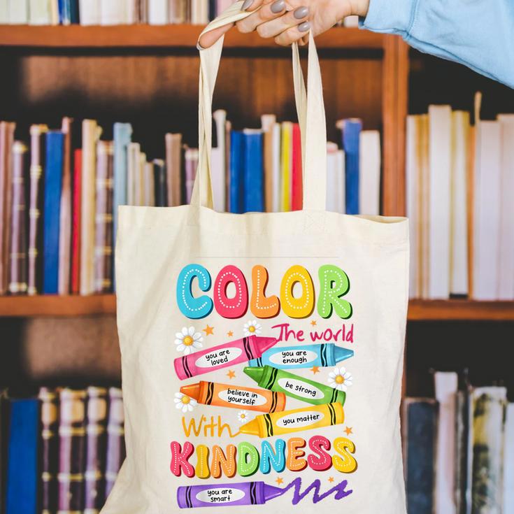 Color The World With Kindness Teachers Back To School Canvas Tote Bag, funny gift