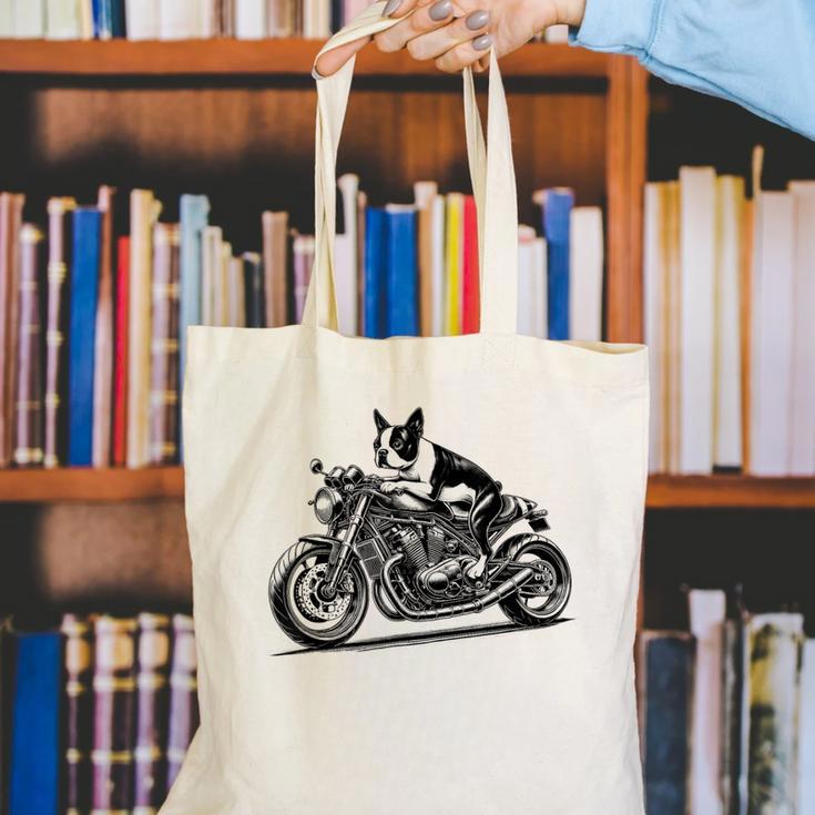 Cool Boston Terrier Riding a Motorcycle Biker Dog Lover For Men Women Kids Canvas Tote Bag, Boston Terrier Riding Tote Bags, funny gift