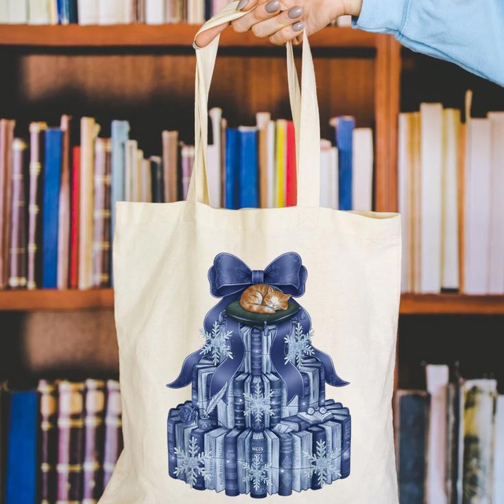 Coquette Bow Book Tree Merry Christmas Xmas Teacher Holiday Canvas Tote Bag, funny gift Coquette Bow Book Tree Merry Christmas Xmas Teacher Holiday Canvas Tote Bag, funny gift