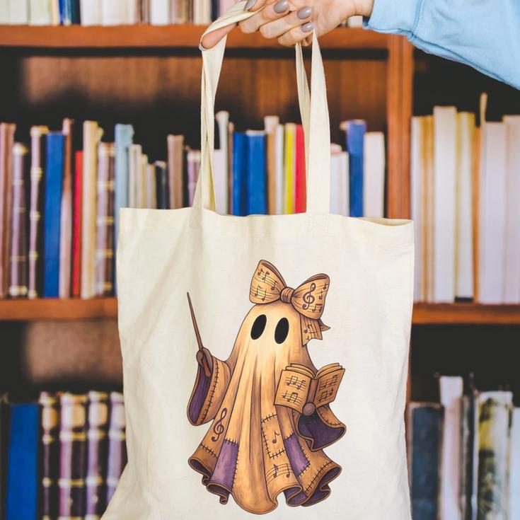 Coquette Music Note Patchwork Ghost Music Teacher Halloween Canvas Tote Bag, funny gift