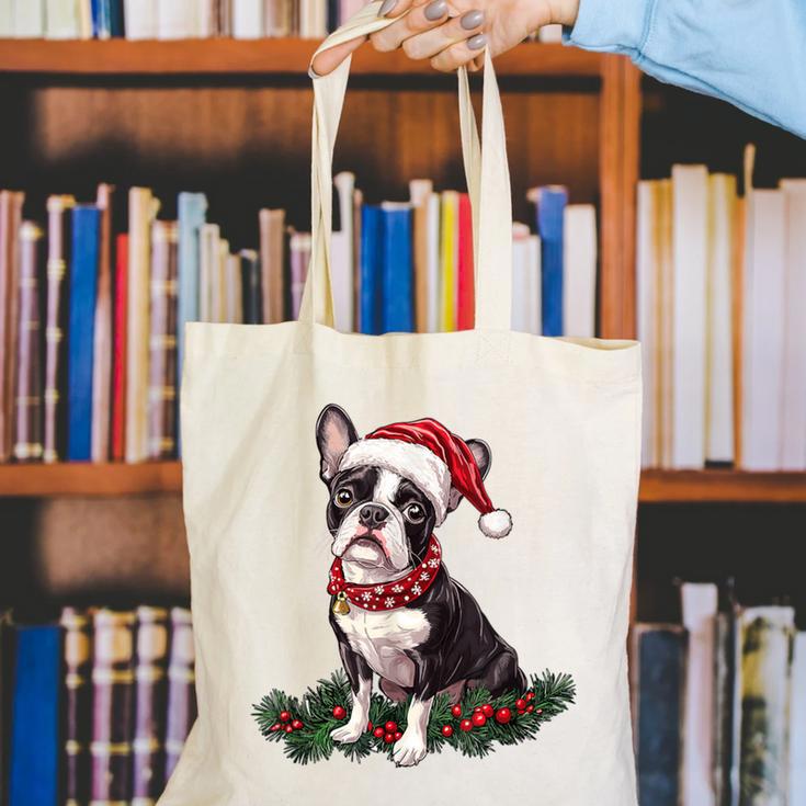Cute Boston Terrier Dog Christmas Merry X-Mas Graphic Canvas Tote Bag, Boston Terrier Christmas Tote Bags, funny gift