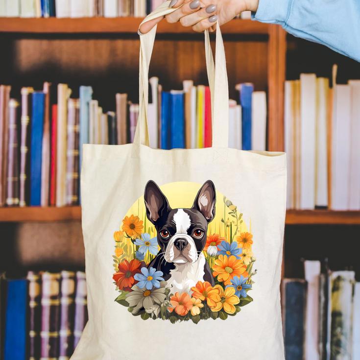 Cute Boston Terrier Spring Flower Garden Colorful Puppy Dog Canvas Tote Bag, funny gift