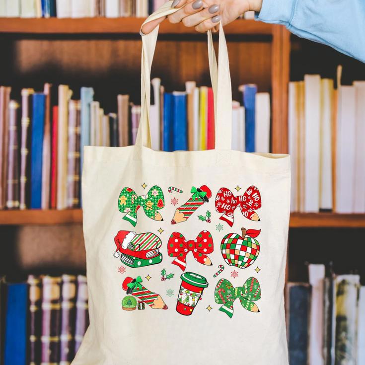 Cute Coquette Pencil Bow Christmas School Teacher Student Canvas Tote Bag, funny gift Cute Coquette Pencil Bow Christmas School Teacher Student Canvas Tote Bag, funny gift