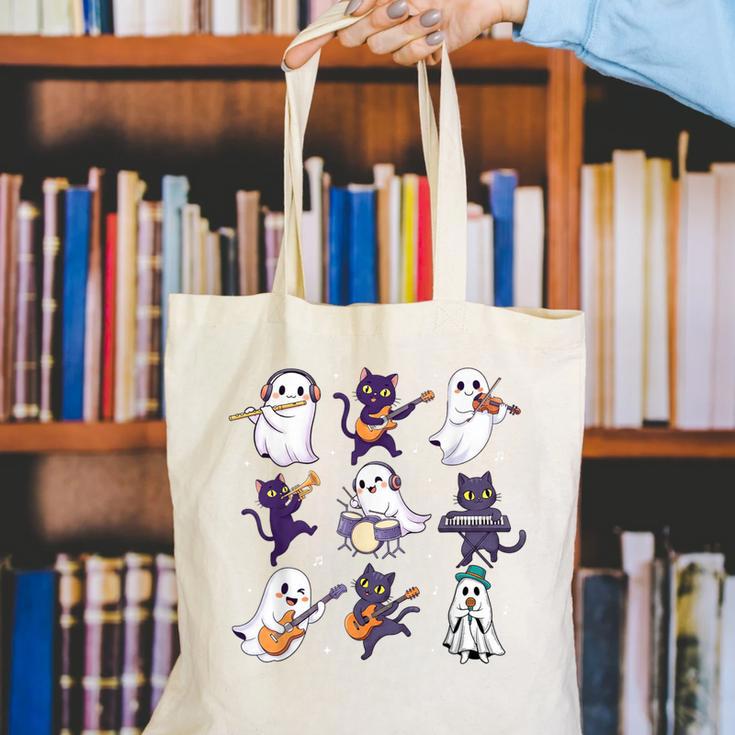 Cute Ghost Cat Playing Musical Halloween Music Teacher Canvas Tote Bag, funny gift