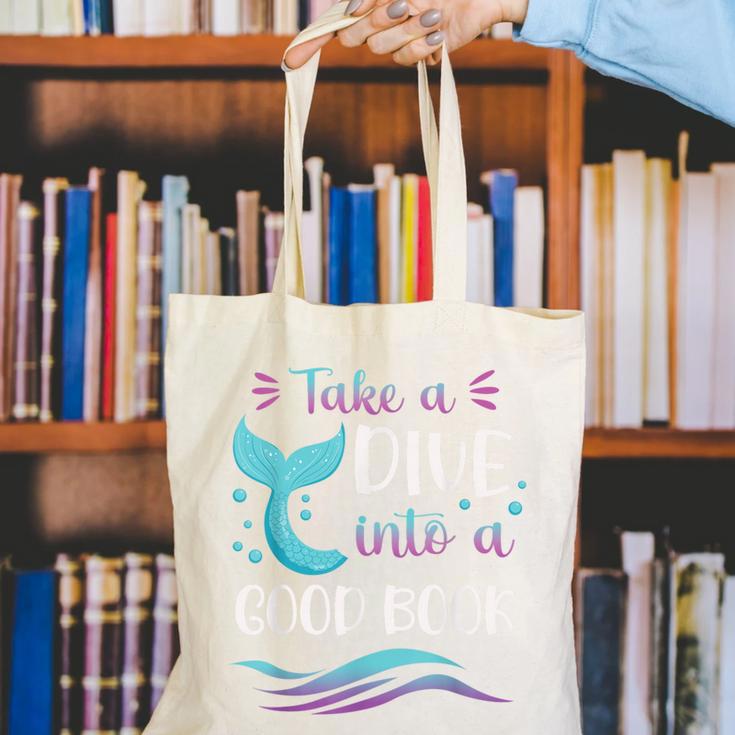 Cute Mermaid Librarian Teacher Dive Into A Good Book Reading Canvas Tote Bag, funny gift