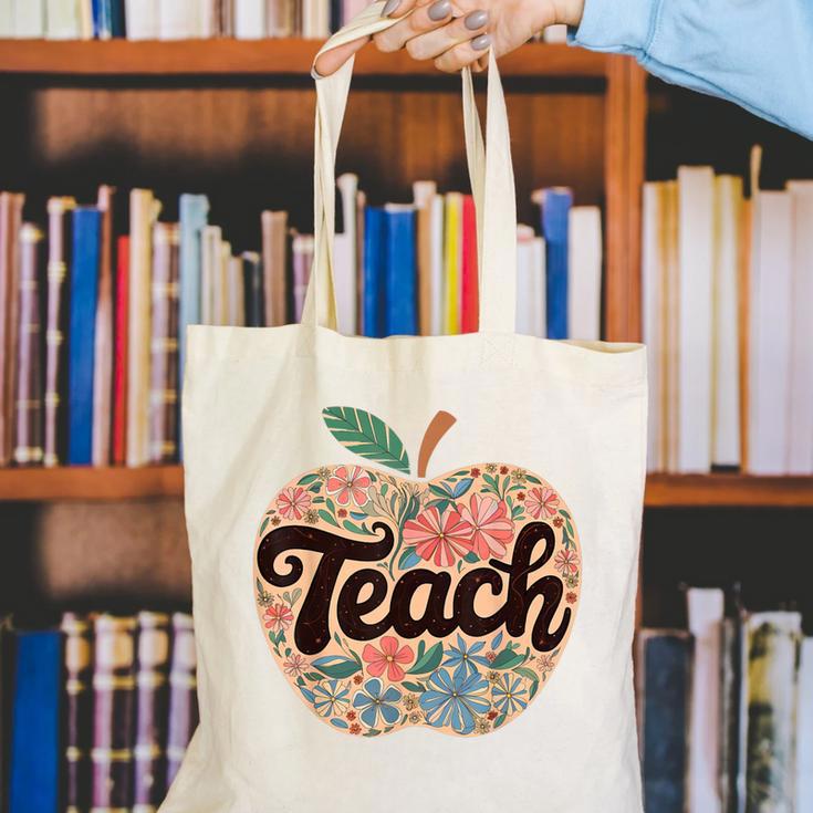 Cute Teacher With Apple Retro Teacher Kids Back To School Canvas Tote Bag, funny gift