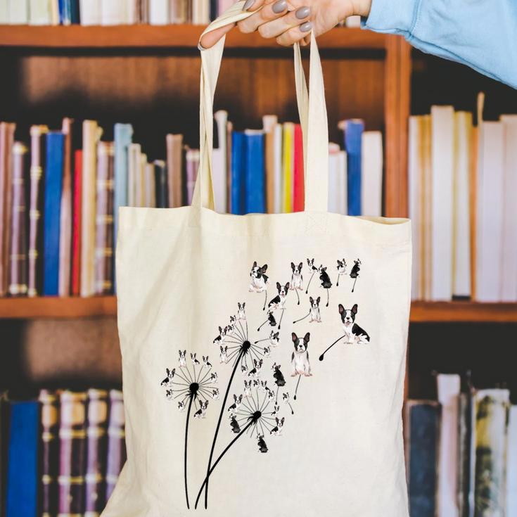 Dandelion Boston Terrier Flower Floral Bostie Tree Canvas Tote Bag, funny gift