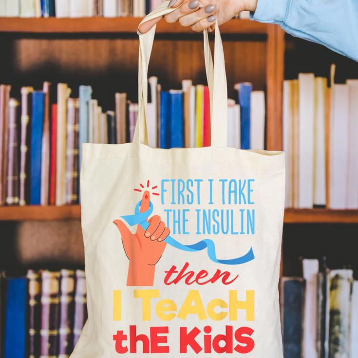 Diabetic Teacher Diabetes Awareness Insulin Blue Ribbon Canvas Tote Bag, funny gift