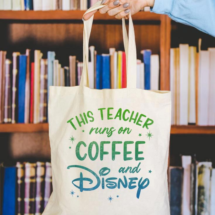 Disney This Teacher Runs On Coffee And Disney Gradient Logo Canvas Tote Bag, funny gift