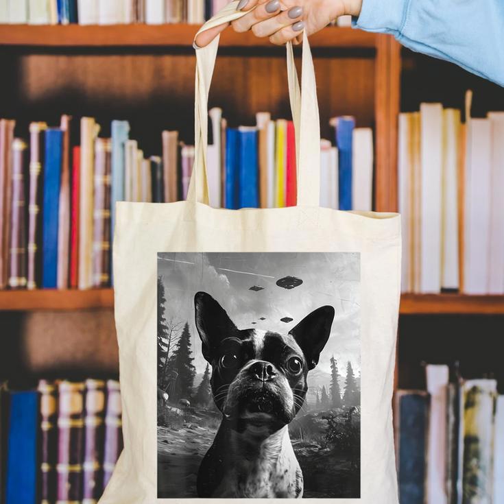 Dog Mom Dad Alien Selfie Boston Terrier UFO For Men Women Canvas Tote Bag, Boston Terrier Mom Tote Bags, Boston Terrier Dad Tote Bags, funny gift
