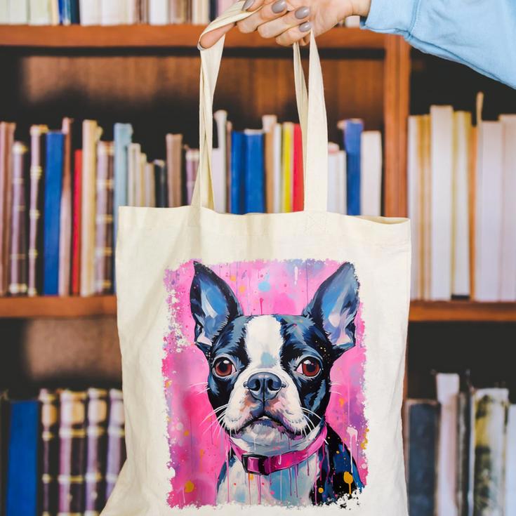 Dog Pink Boston Terrier Canvas Tote Bag, funny gift