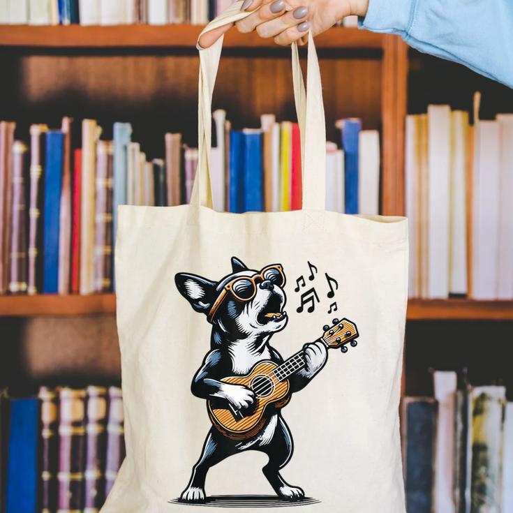 Dog Playing Guitar Singing Boston Terrier For Men Women Girls Kids Canvas Tote Bag, funny gift