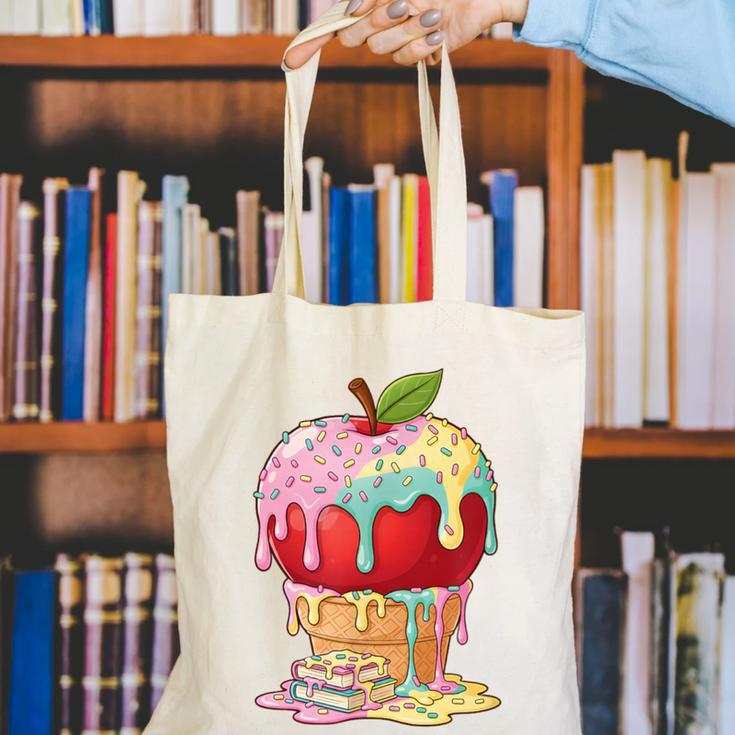 Dripping Apple Ice Cream Cone Cute Teacher Appreciation Canvas Tote Bag, funny gift