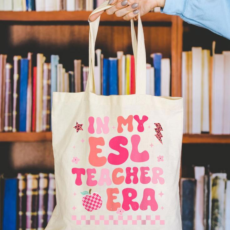 In My Esl Teacher Era Back To School ESL Teacher Groovy Canvas Tote Bag, Esl Teacher Tote Bags, Groovy Teacher Tote Bags, funny gift In My Esl Teacher Era Back To School ESL Teacher Groovy Canvas Tote Bag, Esl Teacher Tote Bags, Groovy Teacher Tote Bags, funny gift