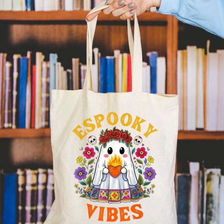 Espooky Vibes Spanish Mexican Halloween Ghost Teachers Canvas Tote Bag, funny gift