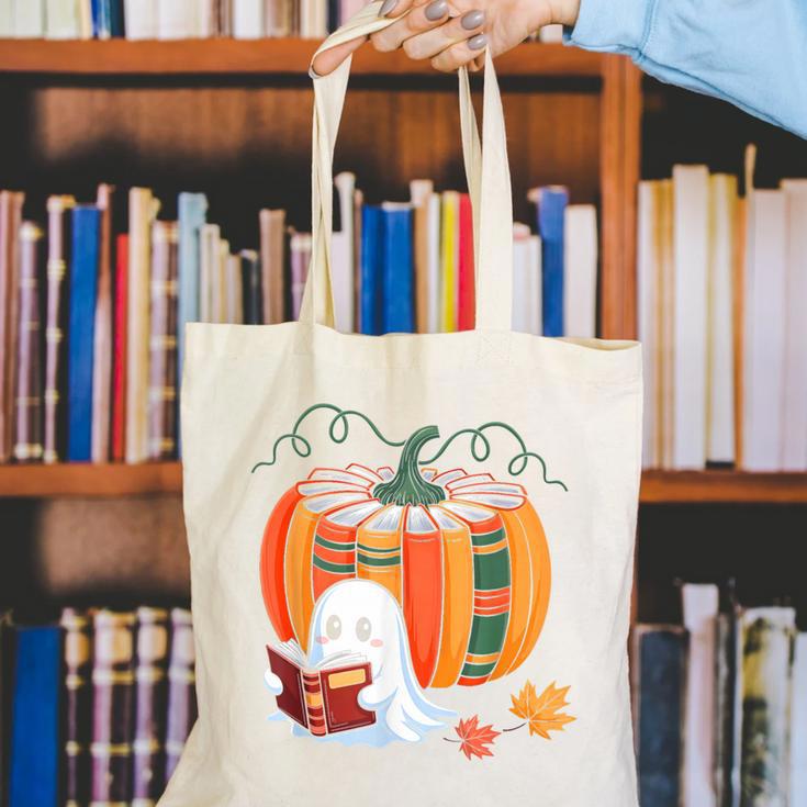 Fall Book Pumpkin Ghost Reading Books Halloween Teacher Canvas Tote Bag, funny gift Fall Book Pumpkin Ghost Reading Books Halloween Teacher Canvas Tote Bag, funny gift