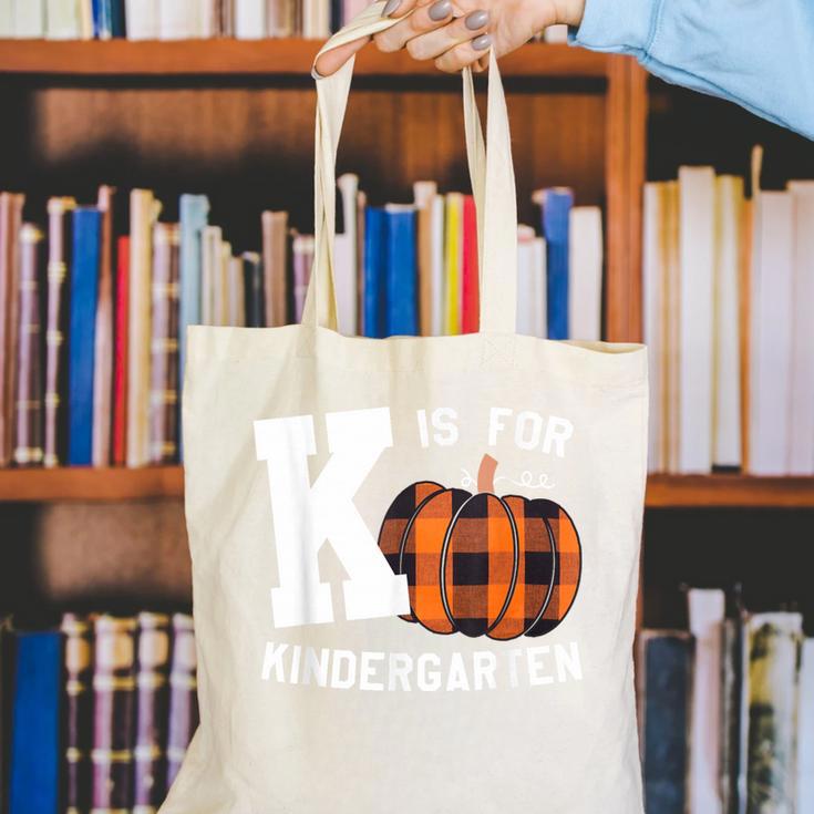 Fall Kindergarten Teacher K Is For Buffalo Plaid Pumpkin Canvas Tote Bag, funny gift Fall Kindergarten Teacher K Is For Buffalo Plaid Pumpkin Canvas Tote Bag, funny gift