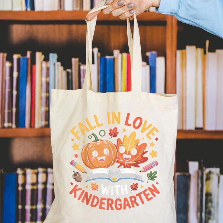 Fall In Love With Kindergarten Autumn Kindergarten Teacher Canvas Tote Bag, funny gift