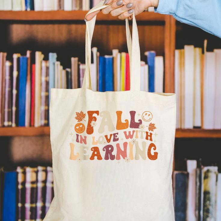 Fall In Love With Learning Autum Thanksgiving Teacher Kids Canvas Tote Bag, funny gift Fall In Love With Learning Autum Thanksgiving Teacher Kids Canvas Tote Bag, funny gift