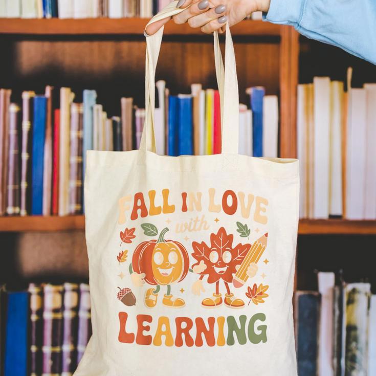 Fall In Love With Learning Retro Autumn Thanksgiving Teacher Canvas Tote Bag, funny gift