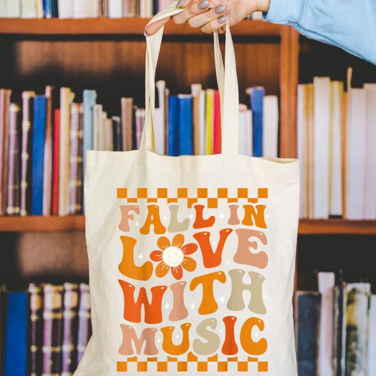 Fall In Love With Music Groovy Thanksgiving Music Teacher Men Women Girls Kids Canvas Tote Bag, Groovy Teacher Tote Bags, funny gift