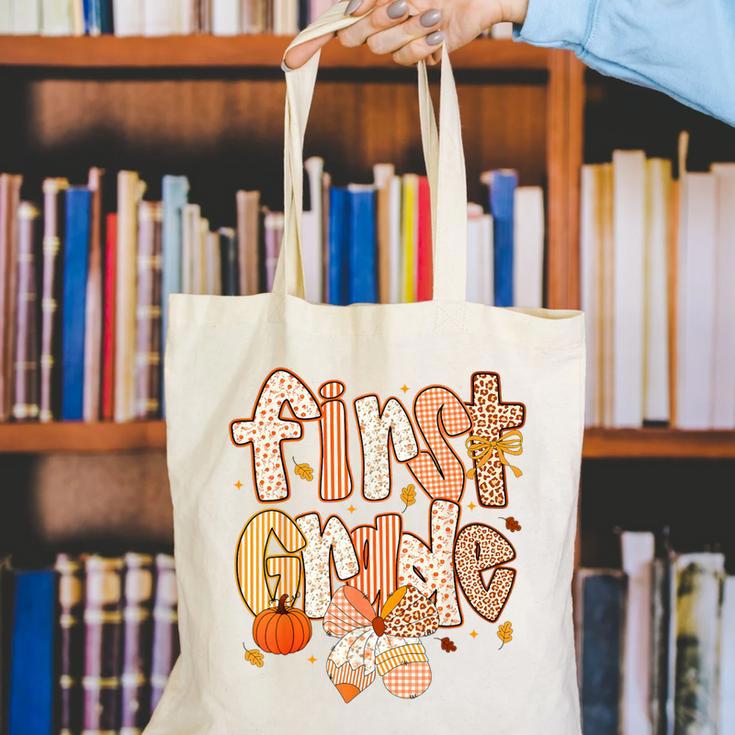 First Grade Fall Floral Coquette Bow Teachers Students Canvas Tote Bag, First Grade Teacher Tote Bags, funny gift First Grade Fall Floral Coquette Bow Teachers Students Canvas Tote Bag, First Grade Teacher Tote Bags, funny gift