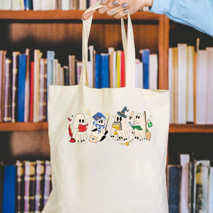 Ghost Book Reading Books Lover Teacher Happy Halloween Canvas Tote Bag, funny gift