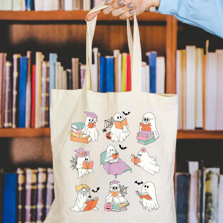 Ghost Book Reading Halloween Books Lover Teacher Kids Canvas Tote Bag, funny gift