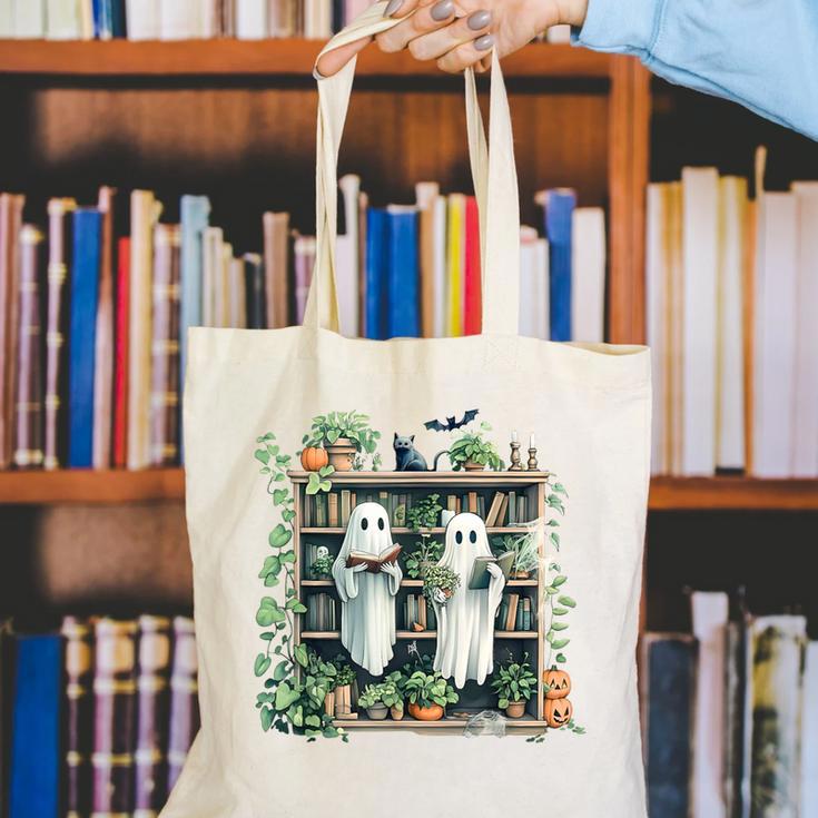 Ghost Plant Library Halloween Reading Books Teacher Vintage Canvas Tote Bag, funny gift