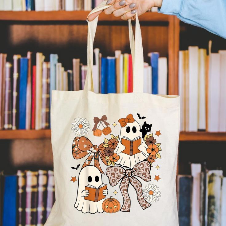 Ghost Reading Books Halloween Bow Spooky Teacher Student Canvas Tote Bag, funny gift