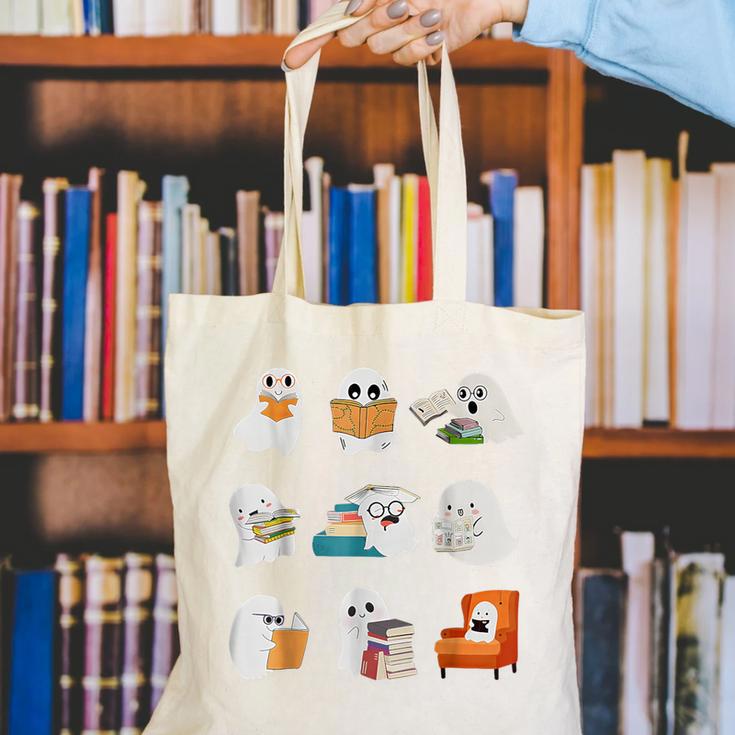 Ghost Reading Teacher Halloween Librarian Book Lover School Canvas Tote Bag, funny gift