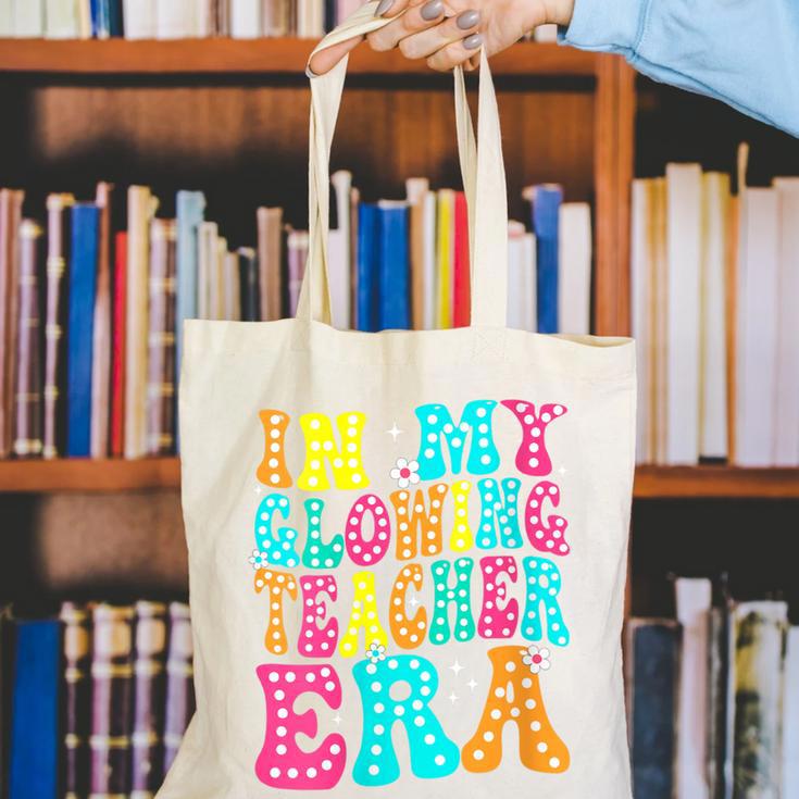 In My Glowing Teacher Era Groovy Colorful Bright Canvas Tote Bag, Groovy Teacher Tote Bags, funny gift In My Glowing Teacher Era Groovy Colorful Bright Canvas Tote Bag, Groovy Teacher Tote Bags, funny gift