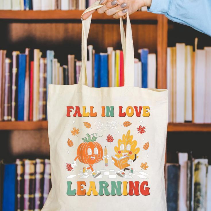 Groovy Fall In Love With Learning Autumn Pumpkin Teacher Canvas Tote Bag, Groovy Teacher Tote Bags, funny gift