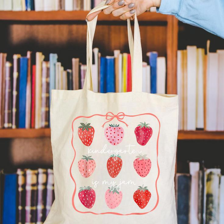 Groovy Kindergarten Is My Jam Strawberry Kinder Team Teacher Canvas Tote Bag, Groovy Teacher Tote Bags, funny gift
