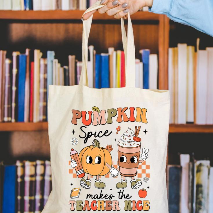 Groovy Pumpkin Spice Makes Teacher Nice Fall Thanksgiving Canvas Tote Bag, Groovy Teacher Tote Bags, funny gift