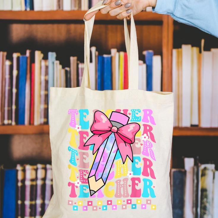 Groovy Teacher Cute Coquette Bow Flower Retro Back To School Canvas Tote Bag, Groovy Teacher Tote Bags, funny gift Groovy Teacher Cute Coquette Bow Flower Retro Back To School Canvas Tote Bag, Groovy Teacher Tote Bags, funny gift