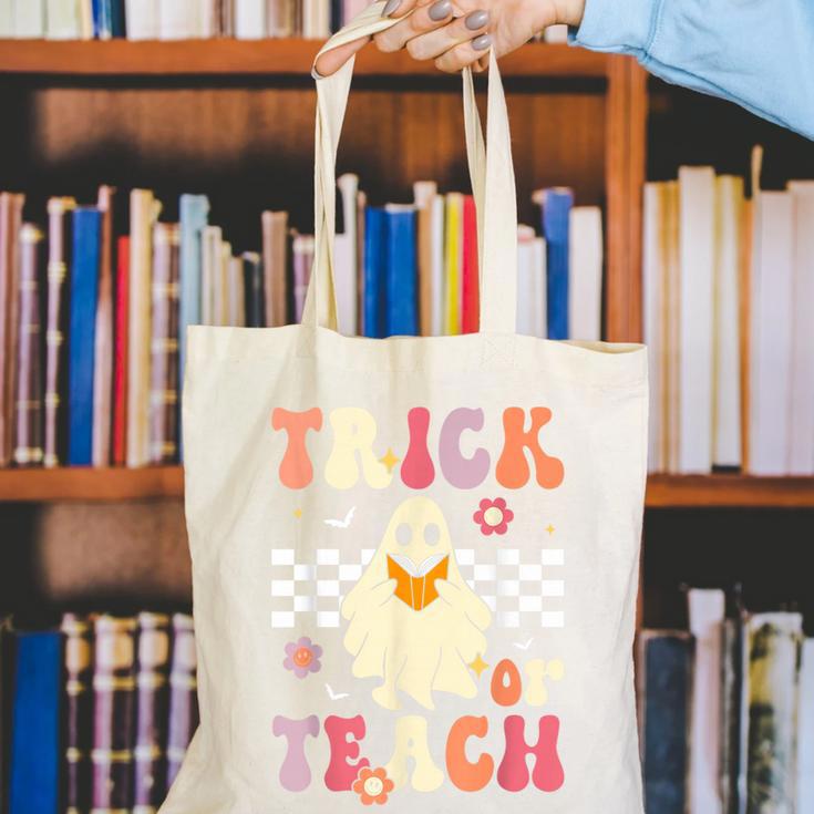 Groovy Teacher Halloween Retro Trick Or Teach Floral Ghost Canvas Tote Bag, Groovy Teacher Tote Bags, funny gift Groovy Teacher Halloween Retro Trick Or Teach Floral Ghost Canvas Tote Bag, Groovy Teacher Tote Bags, funny gift