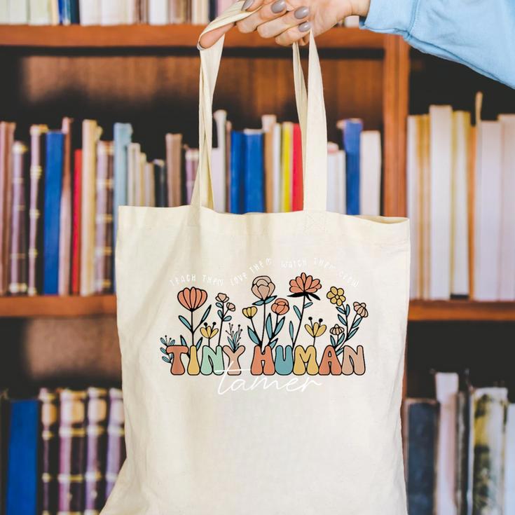 Groovy Tiny Human Tamer Floral Kindergarten Teacher Canvas Tote Bag, Groovy Teacher Tote Bags, funny gift