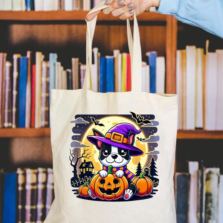 Halloween Boston Terrier Dog Breed With Jack O' Lantern Art Canvas Tote Bag, Boston Terrier Halloween Tote Bags, funny gift