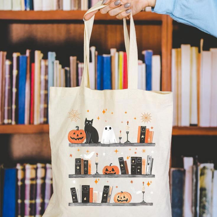 Halloween Library Ghost Books Teacher Spooky Trick Or Teach Canvas Tote Bag, funny gift