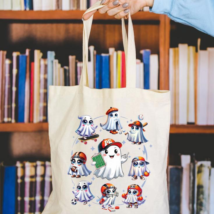 Halloween PE Teacher Ghost Playing Sports Physical Education Canvas Tote Bag, Pe Teacher Tote Bags, funny gift Halloween PE Teacher Ghost Playing Sports Physical Education Canvas Tote Bag, Pe Teacher Tote Bags, funny gift