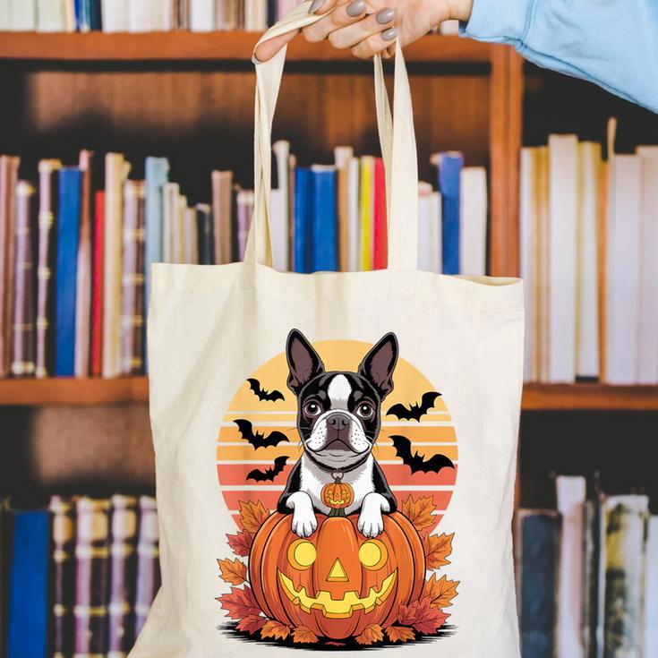 Halloween Retro Boston Terrier Canvas Tote Bag, Boston Terrier Halloween Tote Bags, funny gift