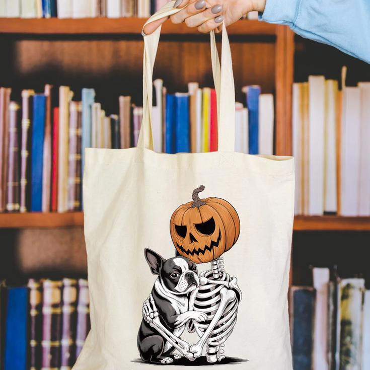 Halloween Skeleton Boston Terrier Canvas Tote Bag, Boston Terrier Halloween Tote Bags, funny gift