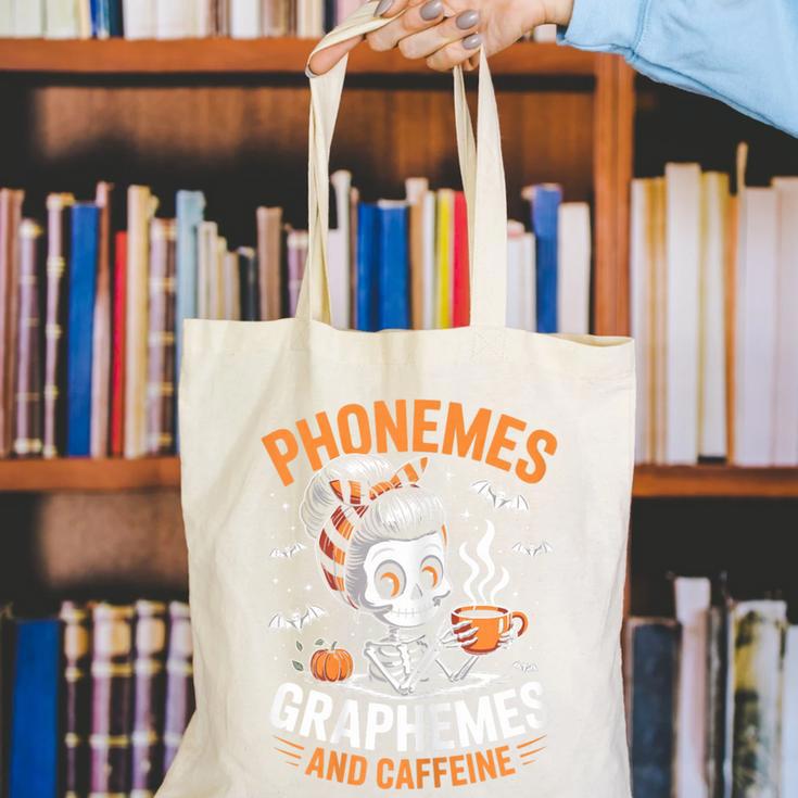 Halloween Skeleton Teacher Phonemes Graphemes Caffeine Lover Canvas Tote Bag, funny gift Halloween Skeleton Teacher Phonemes Graphemes Caffeine Lover Canvas Tote Bag, funny gift