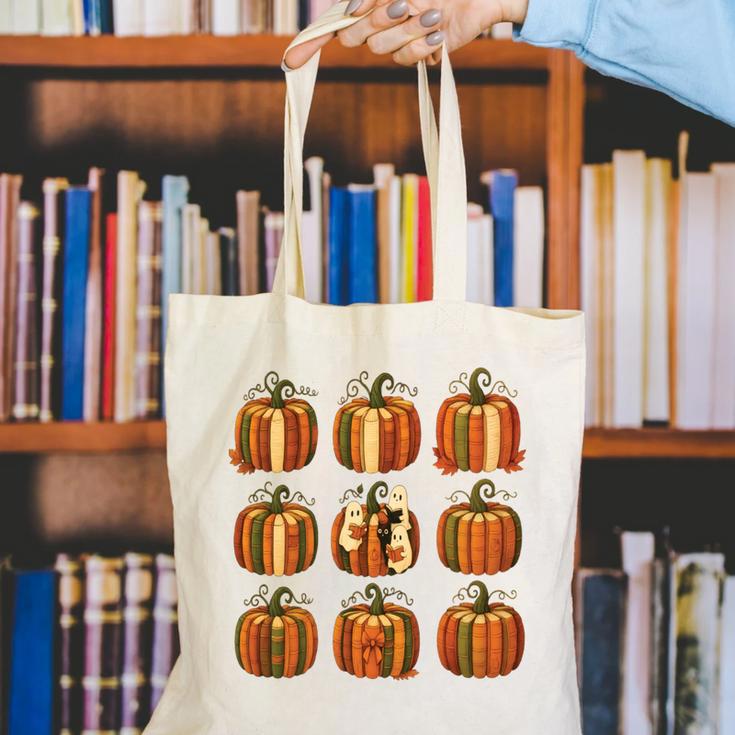 Halloween Teacher Fall Book Pumpkin Retro Reading Canvas Tote Bag, funny gift Halloween Teacher Fall Book Pumpkin Retro Reading Canvas Tote Bag, funny gift